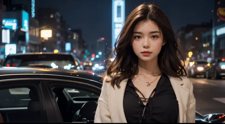 Upper body close-up image.A beautiful woman who is about to board a car-shaped time machine. Dark brown hair. modern clothing. The location is the city. The time is night.