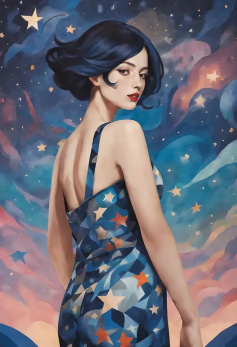 pastel tones, from cubism, Fauvism to Surrealism and Abstraction, Miss, Their artistic concepts and patterns are reflected in the clothing design.starry sky background