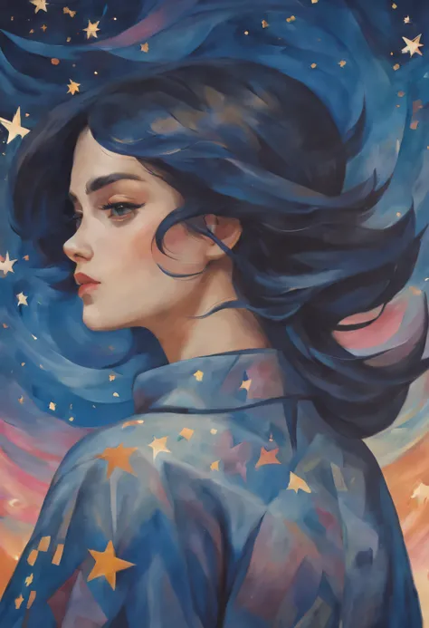 pastel tones, from cubism, Fauvism to Surrealism and Abstraction, Miss, Their artistic concepts and patterns are reflected in the clothing design.starry sky background