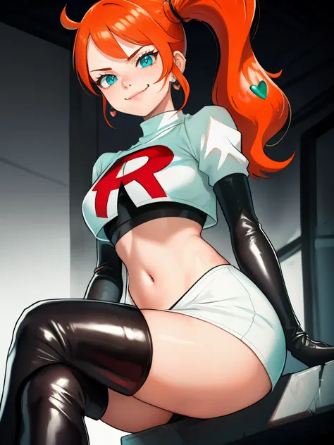 1girl, solo ,sonia, side ponytail,orange hair, heart hair ornaments, aqua eyes ,glossy lips, earings ,team rocket uniform, red letter R, white skirt,white crop top,black thigh-high boots, black elbow gloves, closed mouth, evil smile, looking down on viewer...