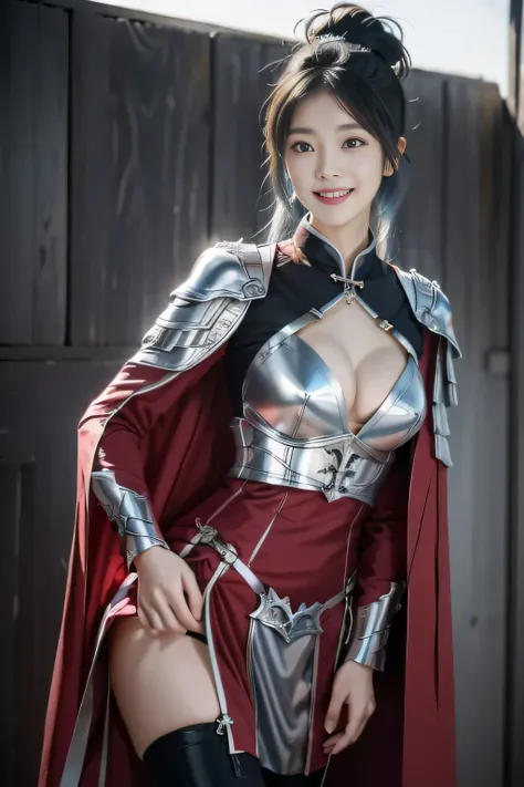 Chinese female general Hua Mulan，Saffron Hu suit lining，Detail the eyes，Crimson cape，Silver metal breastplate，silver helmet，battlefield background，majestic，Smile（open mouth）（The corners of the mouth are raised），Leather tunic，Knee armor，Eight clones，silver ...