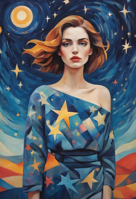 pastel tones, from cubism, Fauvism to Surrealism and Abstraction, Miss, Their artistic concepts and patterns are reflected in the clothing design.starry sky background