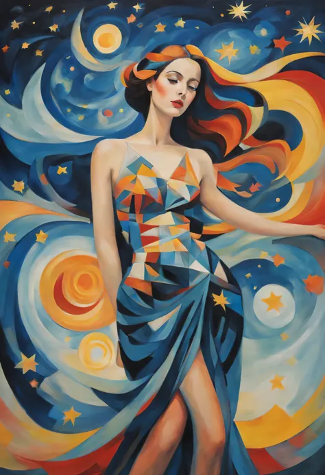 (best quality,actual,high resolution:1.2),pastel tones, painting,bright colors,from cubism, Fauvism to Surrealism and Abstraction, Miss, Their artistic concepts and patterns are reflected in the clothing design.starry sky background