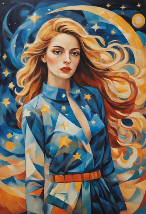 (best quality,actual,high resolution:1.2),pastel tones, painting,bright colors,from cubism, Fauvism to Surrealism and Abstraction, Miss, Their artistic concepts and patterns are reflected in the clothing design.starry sky background