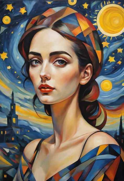 (best quality,actual,high resolution:1.2),pastel tones, painting,bright colors,from cubism, Fauvism to Surrealism and Abstraction, Miss, Their artistic concepts and patterns are reflected in the clothing design.starry sky background