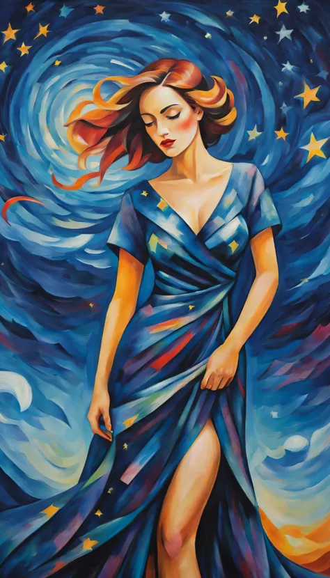 (best quality,actual,high resolution:1.2),pastel tones, painting,bright colors,from cubism, Fauvism to Surrealism and Abstraction, Miss, Their artistic concepts and patterns are reflected in the clothing design.starry sky background