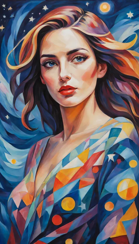 (best quality,actual,high resolution:1.2),pastel tones, painting,bright colors,from cubism, Fauvism to Surrealism and Abstraction, Miss, Their artistic concepts and patterns are reflected in the clothing design.starry sky background