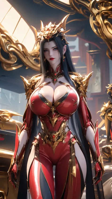 (hyper-realistic:1.5), ai girl grnerator (blue long hair, phoenix gold helm:1.1), (huge fake breasts:1.5), ((cleavage:1.5)), (mu...