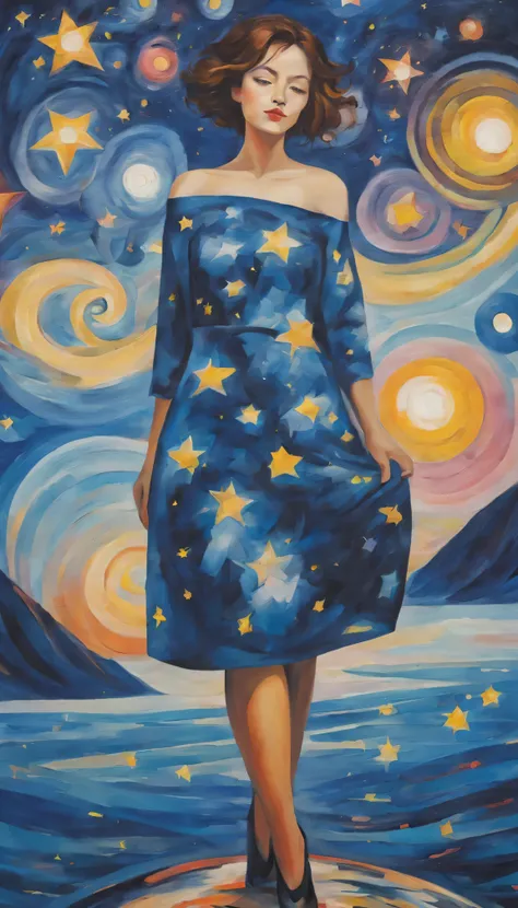 (best quality,actual,high resolution:1.2),pastel tones, painting,Impressionist strokes,from cubism, Fauvism to Surrealism and Abstraction, Miss, Their artistic concepts and patterns are reflected in the clothing design.starry sky background