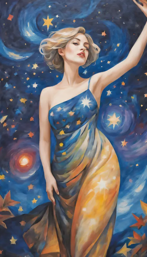 (best quality,actual,high resolution:1.2),pastel tones, painting,Impressionist strokes,from cubism, Fauvism to Surrealism and Abstraction, Miss, Their artistic concepts and patterns are reflected in the clothing design.starry sky background