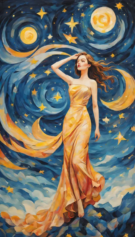 (best quality,actual,high resolution:1.2),pastel tones, painting,Impressionist strokes,from cubism, Fauvism to Surrealism and Abstraction, Miss, Their artistic concepts and patterns are reflected in the clothing design.starry sky background