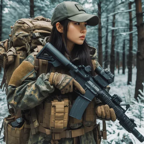 photorealistic、realistic skin texture、automatic rifle、Woodlands