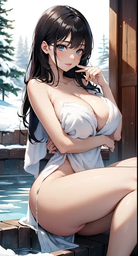 A woman relaxing in an open-air bath in a snowy country.A woman relaxing in a hot spring and drinking alcohol.Korean woman bathing up to her shoulders in an open-air bath.woman covered in semen.A beautiful girl covered in pure white semen.Beautiful woman t...