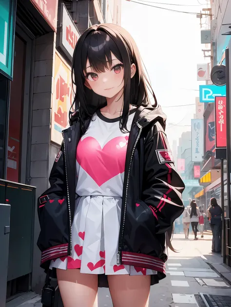 Girl wearing holographic costume shirt with red heart print and white skirt in the cyberpunk city hide her hands in pockets