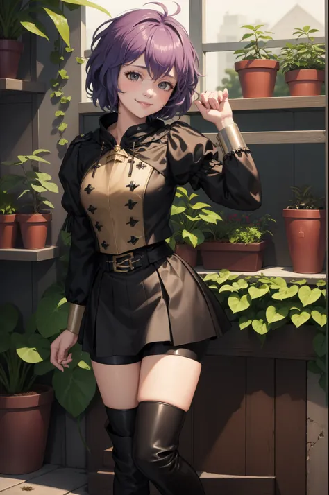 masterpiece, best quality, defbernie, black jacket, black skirt, spandex shorts, thigh boots, standing, cowboy shot, greenhouse,...