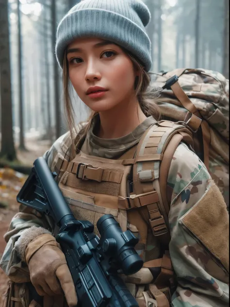 photorealistic、realistic skin texture、automatic rifle、Woodlands