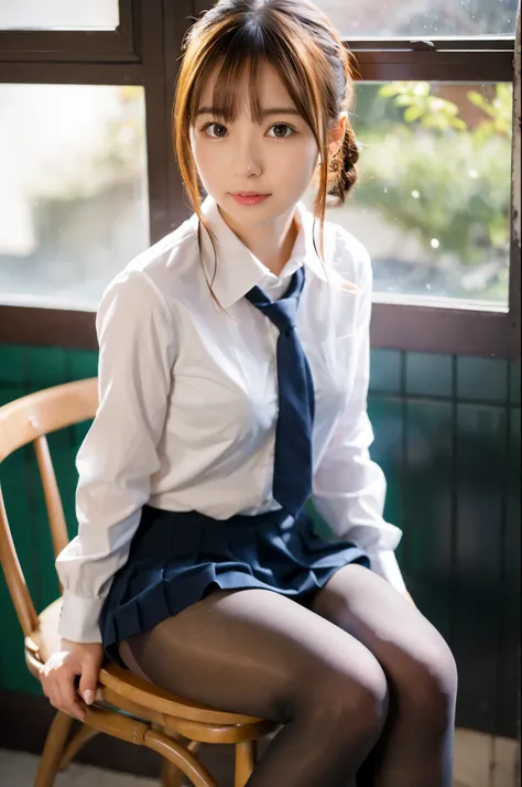 ulzzang -6500-v1.1, (Raw Photo:1.2), (Realistic Photo), Beautiful Girl with High Detail, (Realistic:1.4), Beautiful eyes and face with High Detail, Beautiful eyes with High Detail, Japanese school uniform, School uniform, (Ultra Realistic Pantyhose:1.2), S...