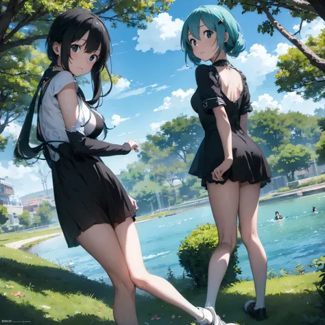  Hatsune Miku,1 girl,black dress,A park with a view of the sea, beautiful breasts,2D CG, Advanced digital anime art, anime character