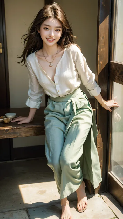 highest quality, masterpiece, ultra high resolution, (realistic:1.5), (close portrait) Raw photo, 1 girl, 22 years old, (((light green linen blouse,Midi length))), ((Asian Necklace)),anklet,sandals,masterpiece, realistic pictures, japanese pictures, fuji n...