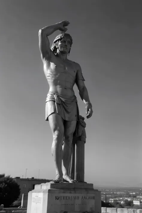 A dark landscape images of the roman empire, black and white, roman empire architecture, include one statue of stereotipical of strong romans named, Juris civilis