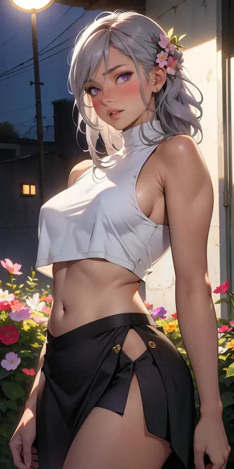 realistic, 1 girl, gray hair, purple eyes, shining eyes, crop top, skirt,bare breasts、belly button、Dish cloth、 parted lips, blush, night, flowers, sun, sunlight,