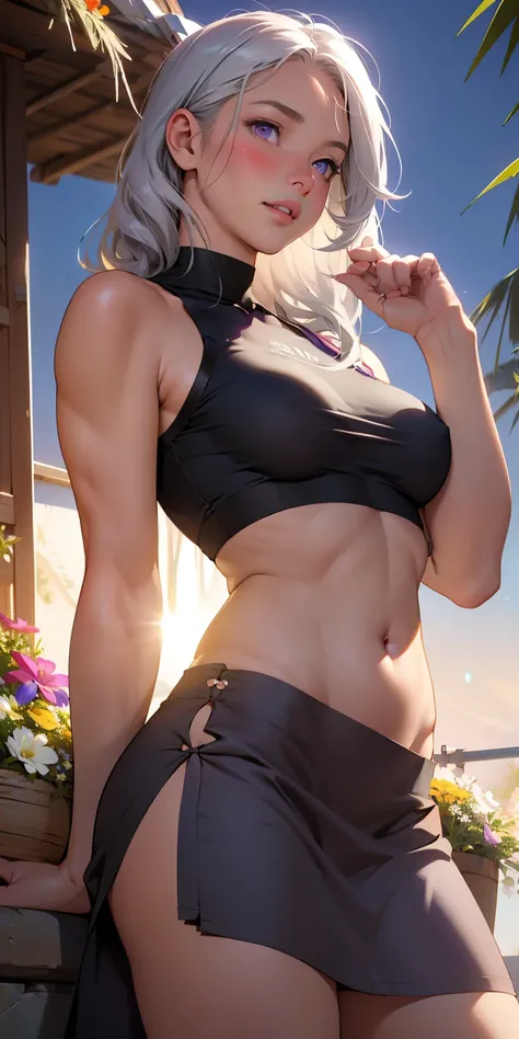 realistic, 1 girl, gray hair, purple eyes, shining eyes, crop top, skirt,bare breasts、belly button、Dish cloth、 parted lips, blush, night, flowers, sun, sunlight,