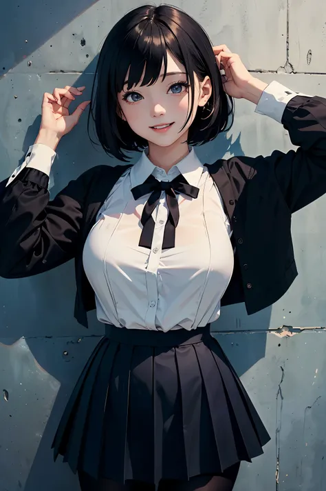 (masterpiece:1.4)、(highest quality:1.4)、ultra high resolution、A little anime style、20 year old woman、black very short hair、white long sleeve collared shirt、small black ribbon、navy pleated skirt、black tights、(huge breasts:1.1)、bust up shot、red face、smile、St...