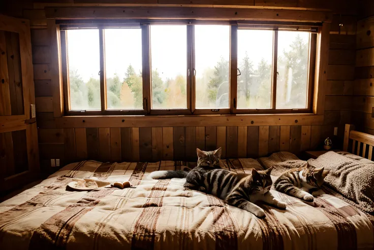 a wooden room, a large rustic wooden window, with glass, next to the bed, the bed is very comfortable, with a checkered blanket, two cats sleeping on the bed, a fireplace, super realistic style, 4k