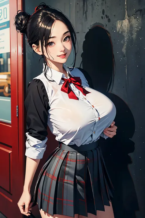 (masterpiece:1.4)、(highest quality:1.4)、ultra high resolution、beautiful features、20 year old woman、Black hair bun hair、gray long sleeve collared shirt、Plaid pleated skirt、black tights、(huge breasts:1.2)、red face、smile、Stand against the wall