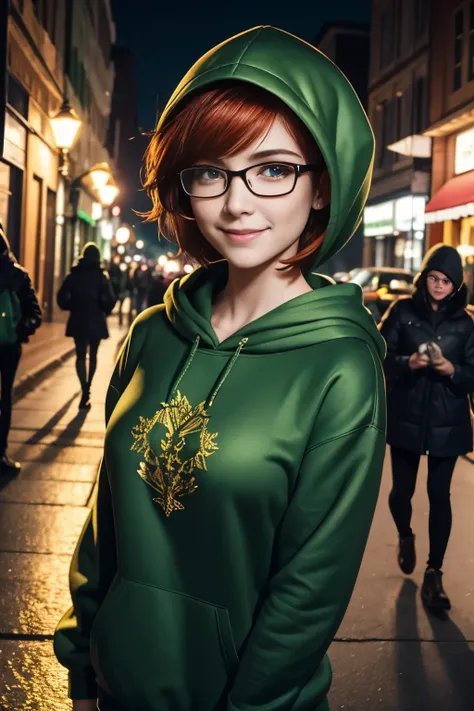 Full-face view. short hair, redhead, green-eyed, young, Darling, smiling lady with size 2 breasts, wearing glasses with metal frames, with a green hood on her head, walking down the street at night dressed in green, gold embroidered sweatshirt