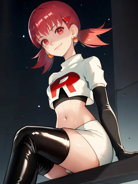 defwhitney, hair ornament ,glossy lips, earings ,team rocket uniform, red letter R, white skirt,white crop top,black thigh-high boots, black elbow gloves, closed mouth, evil smile, looking down on viewer, sitting down ,legs crossed, night sky background