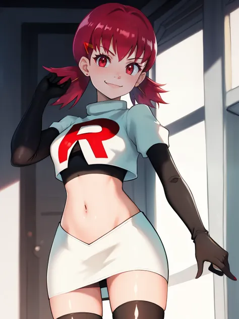 defwhitney, hair ornament ,glossy lips, earings ,team rocket uniform, red letter r, white skirt,white crop top,black thigh-high ...