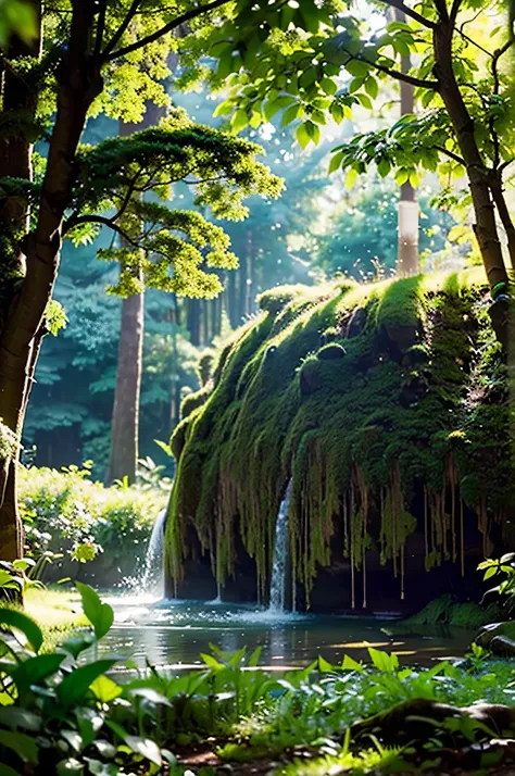 "(beautiful detailed,realistic) Forest scenery, tree stump in the foreground, (natural,organic) textures, (lush,green) vegetation, (sunlight beaming through the trees,soft golden light), (peaceful,serene) atmosphere, (tall, majestic) trees, (moss-covered,e...