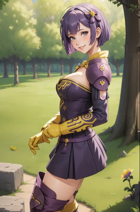 masterpiece, best quality, warbernie, purple dress, cleavage, hair bow, yellow gloves, purple boots, looking at viewer, smile, f...