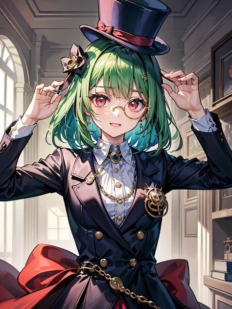 (((masterpiece、Highest image quality、highest quality、highly detailed unity 8kwallpaper)))、((Illustration of one girl、upper body))、(((beautiful girl)))、(librarian)、(Emerald green hair、sidelocks:1.2、red eyes)、(((crazy smile)))、monocle、pocket watch、(((Black t...