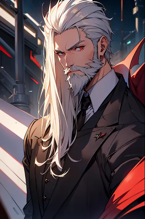 With white hair,A serious expression,side face,glare,vivid,fancy,dreamlike,a dim atomshpere, ((Vampire boy)) ((Vampire King)) ((Dark Fantasy)) ((Red-Eyes)) ((Mature)) ((Short Beard))