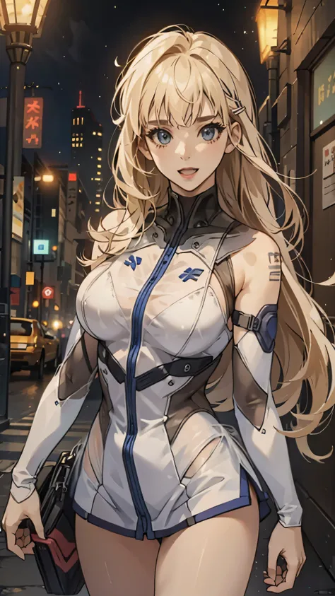 woman,20-year-old,,city,night,((white tight miniskirt bodysuit)),(Harada Makoto),open mouth smile,(((See-through))),((blonde)),long hair