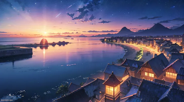 anime scenery of a beach with a star filled sky, cosmic skies. by makoto shinkai, ethereal starlit city at sunset, cloudy, anime sky, star(sky) starry_sky, anime beautiful peace scene, anime background art, beautiful anime scene, a beautiful artwork illust...