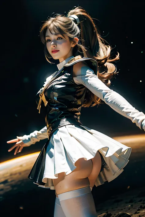 (Highly detailed CG Unity 8K wallpaper, masterpiece, 最high quality), (exquisite light and shadow, very dramatic picture, cinematic lens effects), (sailor moon), delicate features, plump body, double ponytail, blue eyes, long blonde hair, tight top, white g...