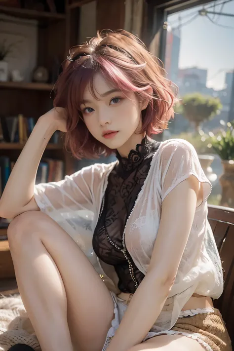 20yo woman， （masterpiece： 1.4）， （8K， reality， original photo， best quality： 1.4）， Japan， （1 girl）， beautiful face， （Real faces： 1.4）， （pink hair， short hair： 1.3）， hairstyle， Realistic blue eyes， beautiful details eyes， （reality皮肤： 1.3）， beautiful skin， At...