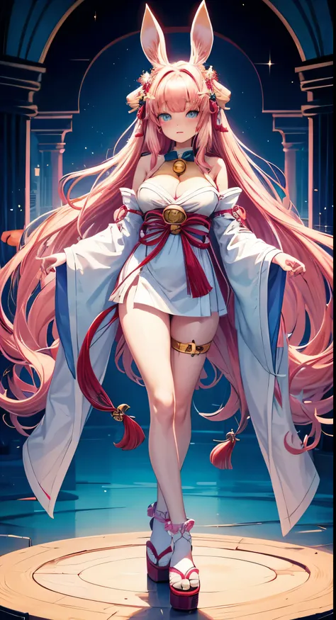 illustration style，girl，Standing picture，17 years old，156cm，Are standing，flashy shrine maiden costume，Big rabbit ears，Bell Collar，long hair，milky pink hair，half up，Bell Hair Ornament，ability，Fair skin，beautiful skin，perfect face，cute face，light blue eyes，