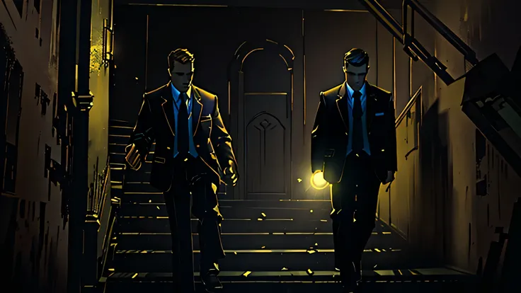 Image representing two men in suits with a flashlight in their hands descending a staircase in a very dark basement.  Minimal lighting only highlights shadowy details, accentuating the feeling of desolation and mystery. The scene must convey a tense and un...