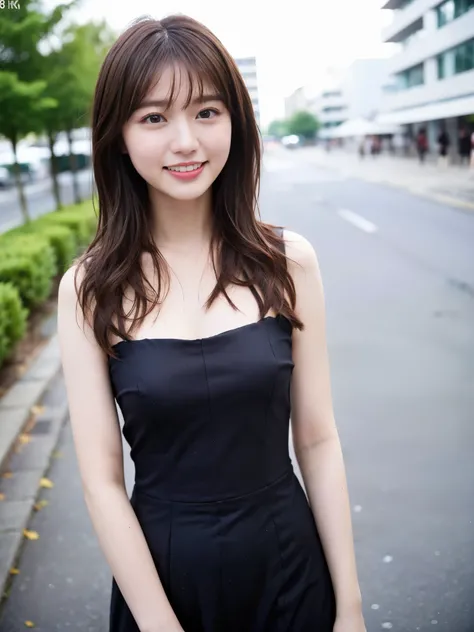 ((highest quality, 8K, masterpiece :1.3)), 1 girl, smile, whole body, slim face, Beautiful woman, (dark brown hair), full length dress :1.1, super detailed face, fine eyes, double eyelid, blur background, slim face, city, outside, street,