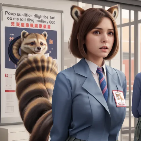 a woman stands with a tanuki tail, (software) safe for work, fur with tail, software version, coworkers, realistic style, , realistic style , two beautiful girls, photograph, 最high quality, (Her skirt is flipped up and her tail is visible.:1.8) ,Reality, s...