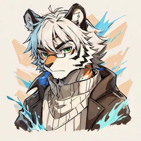 A tiger, wearing a white sweater with a blue impressionist oil painting pattern on his clothes, wearing a black cloak jacket, black-rimmed glasses, green eyes, and a brown octagonal newsboy hat. He is a detective by profession.