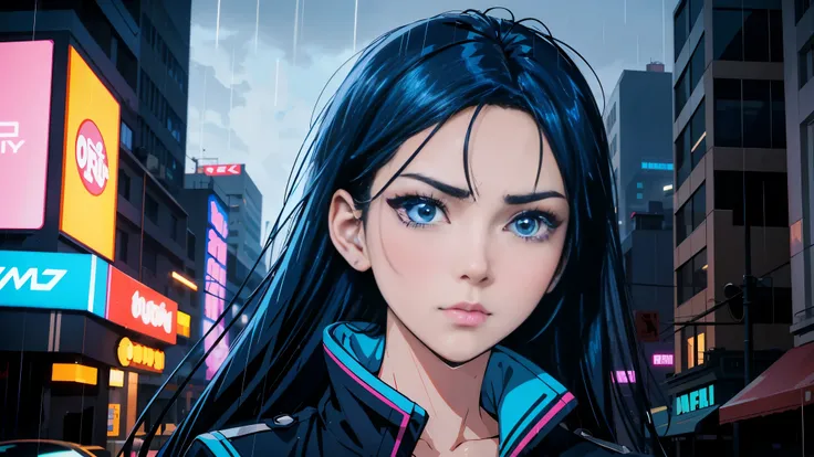 cool synthwave anime girl , dark blue hair , blue eyes , rainy time , in the city , whole body shot, big brest, face close up