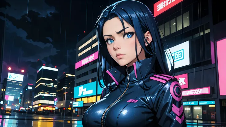 cool synthwave anime girl , dark blue hair , blue eyes , rainy time , in the city , whole body shot, big brest, face close up