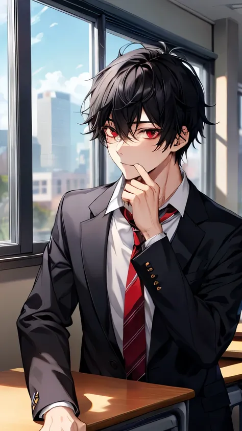 Black hair, male, student, red eyes, school uniform, classroom, leaning on the window