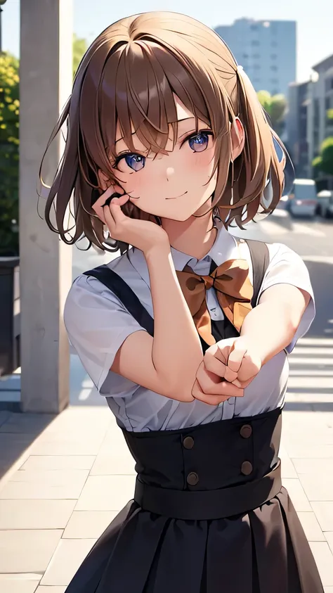 (very delicate and beautiful: 1.2), 1 girl, robber girl, bangs, cute eyes, bow, brown hair, closed mouth, Landscape, hair between eyes, hair bow, short sleeve, looking at the viewer, medium hair, alone, Upper body, school uniform: 1.3, ((alone)), (masterpi...