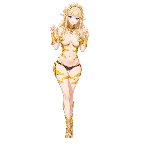 masterpiece、highest quality、very detailed、High resolution、１６ｋ、I can see your nipples、Boob proportions、elfの女の子、golden armor shines、extremely transparent skirts、black pants、very white skin、beautiful fingers、Anime girl with very big breasts posing naked、perfe...